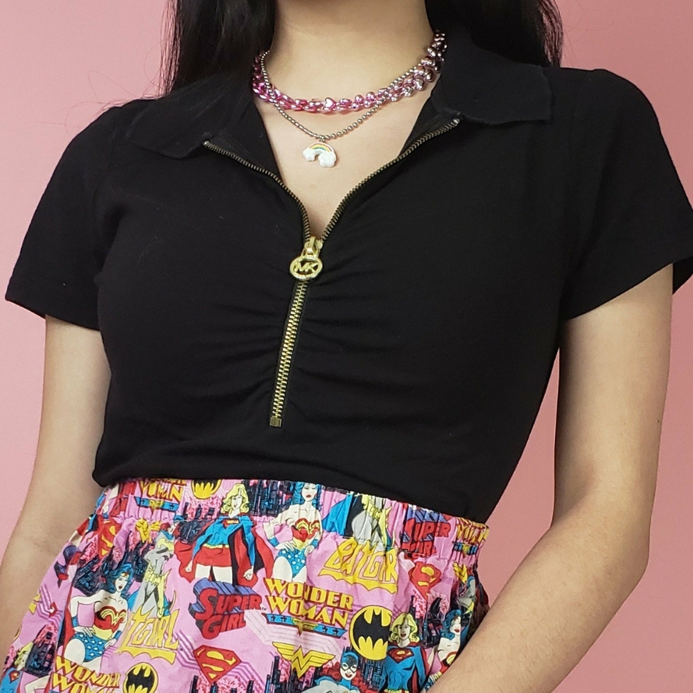 Basic Black Gold Zipper Michael Kors Polo Top
